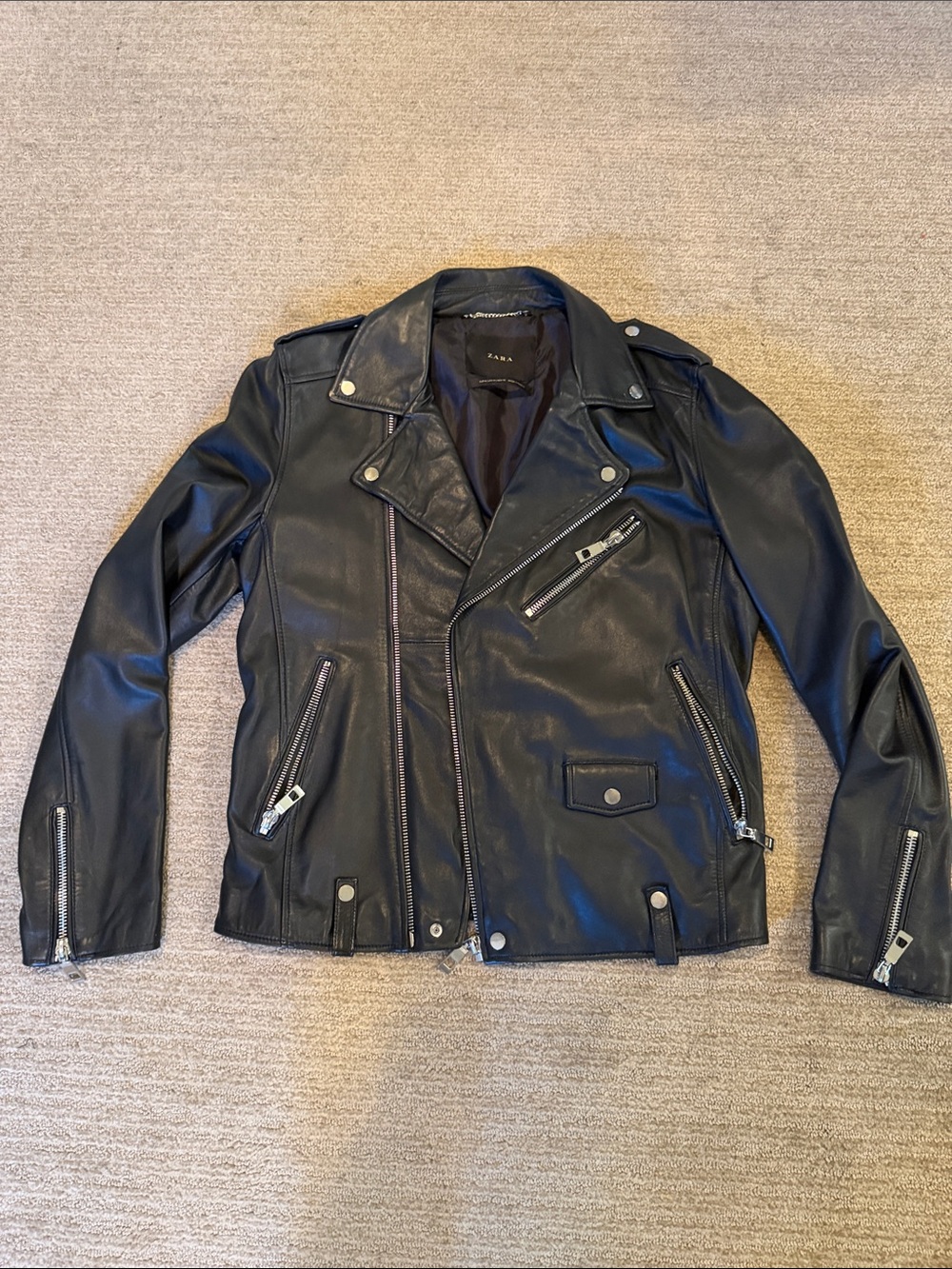 Zara Black Leather Moto Bomber Jacket; size medium